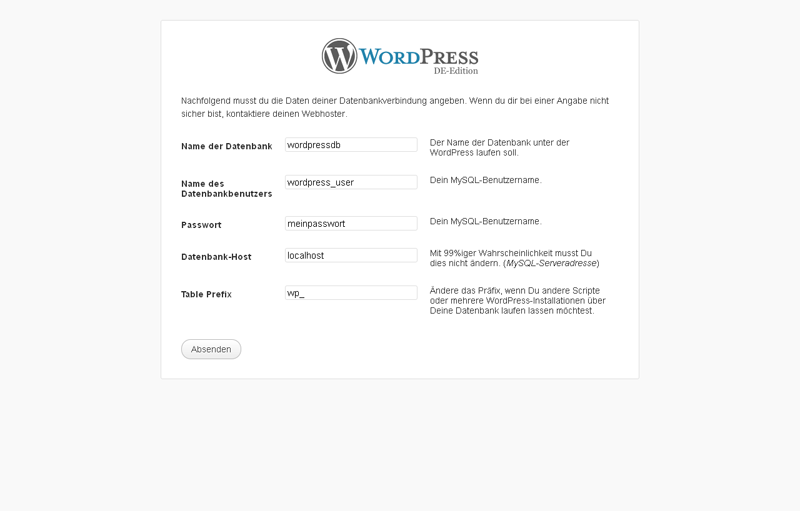 Wordpress Datenbank Daten angeben für die weitere Installation