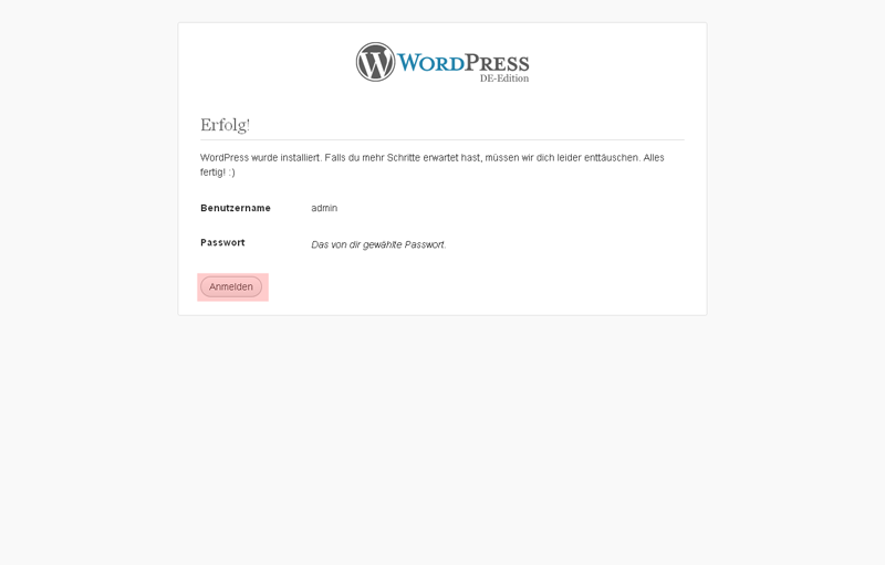Wordpress Installation ist abgeschlossen